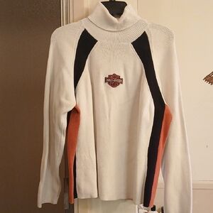 Harley-Davidson Womens Turtleneck Sweater in White, Black, and Orange. Sz.med